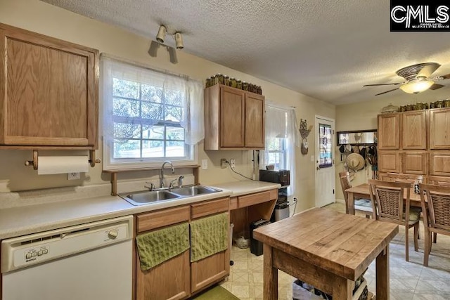 kitchen featuring dishwasher, a textured ceiling, ceiling fan, and sink