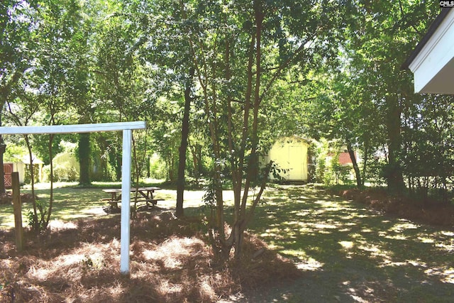 view of yard featuring a storage shed