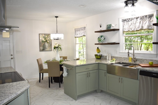 kitchen with sink, stainless steel dishwasher, green cabinetry, and range hood