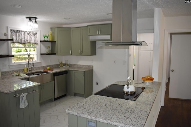 kitchen featuring island range hood, dishwasher, light stone countertops, and green cabinetry