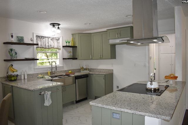 kitchen with black electric stovetop, stainless steel dishwasher, light stone counters, island range hood, and green cabinetry