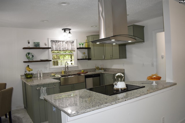 kitchen with kitchen peninsula, black electric stovetop, island range hood, dishwasher, and green cabinets