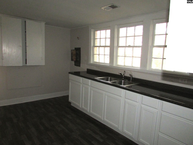 kitchen with white cabinets, dark hardwood / wood-style floors, and sink