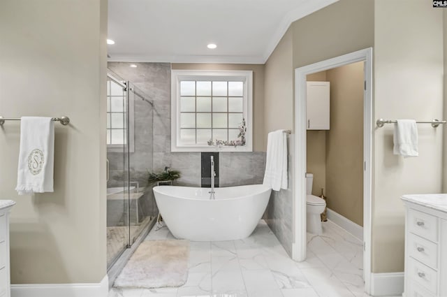 full bathroom featuring toilet, vanity, shower with separate bathtub, and ornamental molding