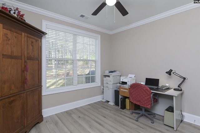 office space with light wood-type flooring, ceiling fan, and crown molding