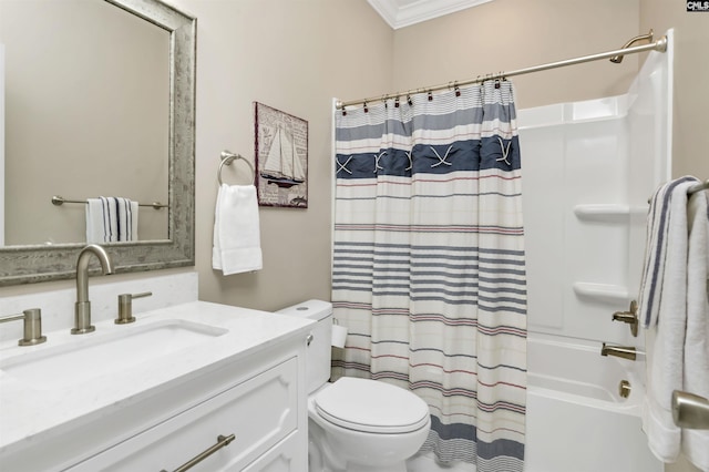 full bathroom with vanity, toilet, crown molding, and shower / tub combo