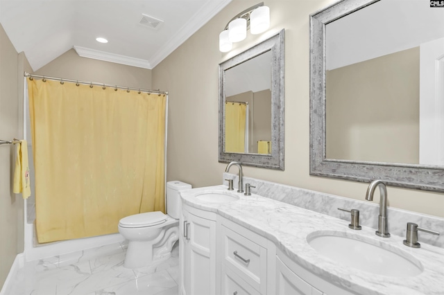 bathroom featuring walk in shower, vaulted ceiling, toilet, vanity, and ornamental molding