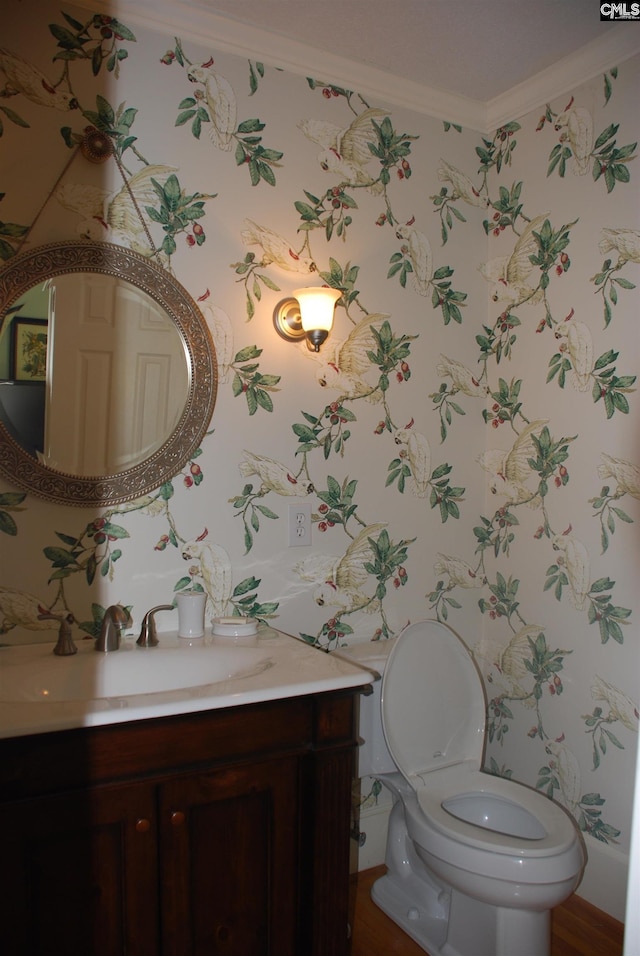 bathroom featuring toilet, vanity, and ornamental molding