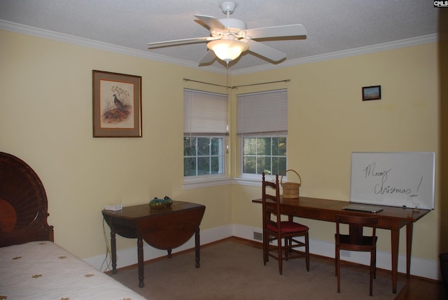 bedroom with carpet flooring, a textured ceiling, ceiling fan, and ornamental molding