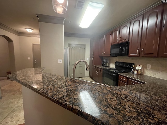 kitchen with crown molding, kitchen peninsula, dark stone counters, and black appliances