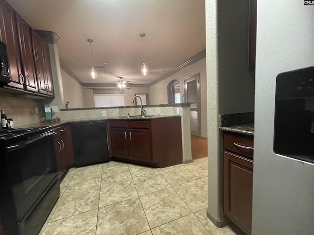 kitchen with sink, crown molding, black appliances, kitchen peninsula, and backsplash