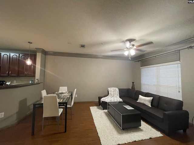 living room with ceiling fan, a textured ceiling, and dark hardwood / wood-style flooring