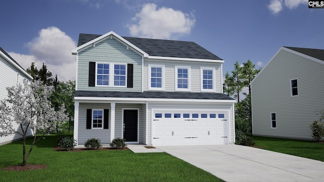 traditional home featuring concrete driveway, a front yard, roof with shingles, and an attached garage
