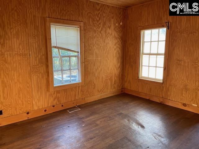 empty room featuring plenty of natural light, dark hardwood / wood-style flooring, and wooden walls