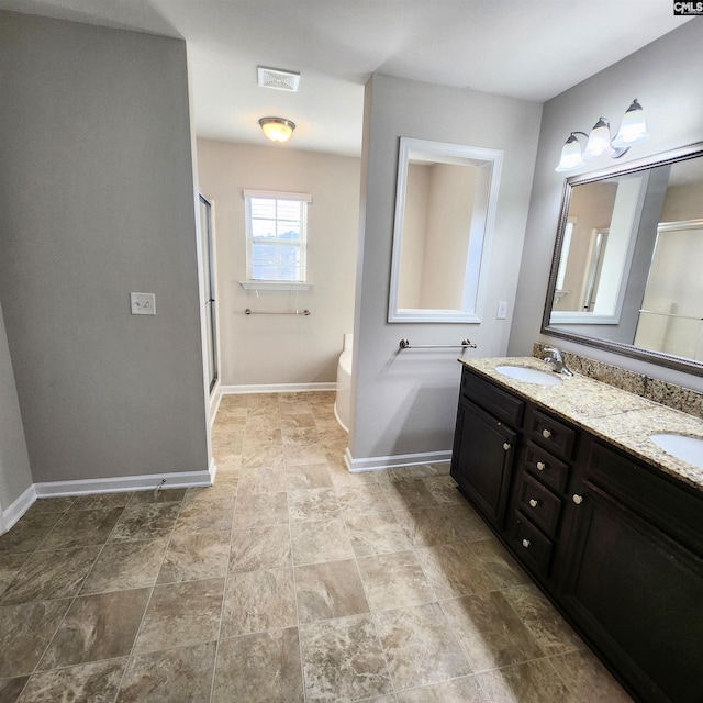 bathroom with separate shower and tub and vanity