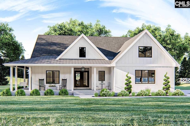 modern inspired farmhouse with covered porch and a front lawn