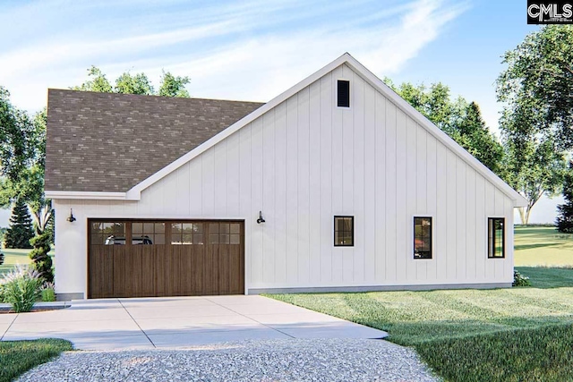 view of home's exterior featuring a garage and a yard