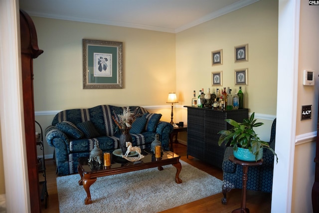 living room featuring bar, ornamental molding, and hardwood / wood-style flooring