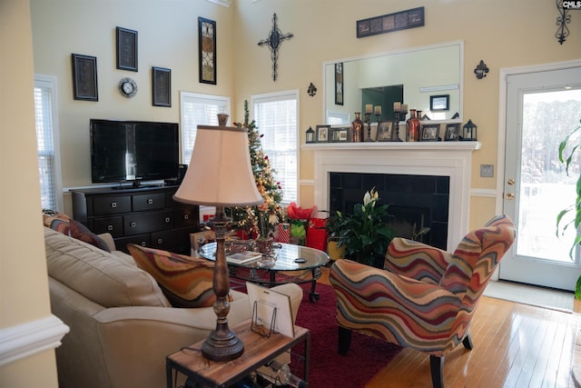 living room with a tile fireplace, plenty of natural light, and light hardwood / wood-style floors