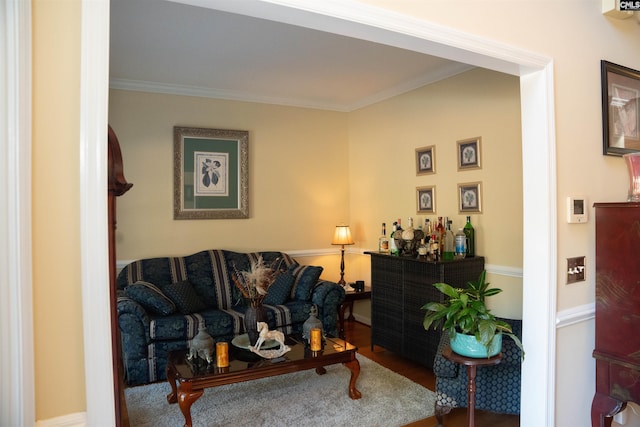 living room with bar area, wood-type flooring, and ornamental molding