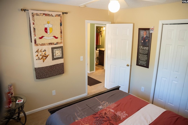 bedroom featuring carpet floors, a closet, and ceiling fan