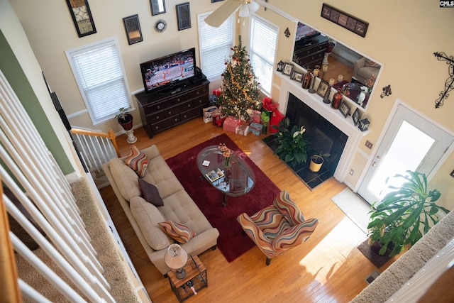 living room with hardwood / wood-style floors and ceiling fan