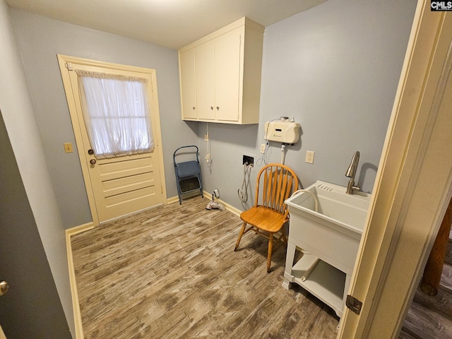 washroom with cabinets and hardwood / wood-style floors