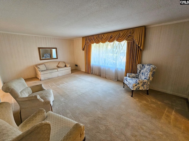 carpeted living room with a textured ceiling and ornamental molding