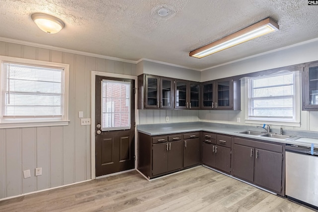 kitchen with dishwasher, plenty of natural light, sink, ornamental molding, and dark brown cabinets