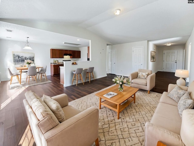 living room with dark hardwood / wood-style flooring and lofted ceiling