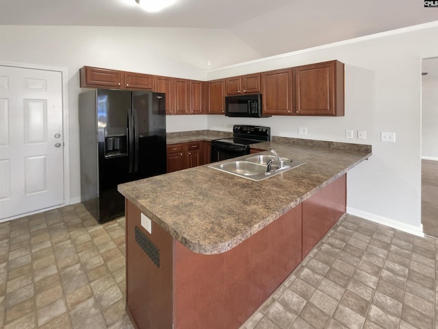 kitchen featuring kitchen peninsula, sink, vaulted ceiling, and black appliances