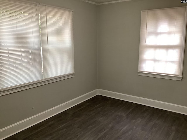 unfurnished room with crown molding and dark wood-type flooring