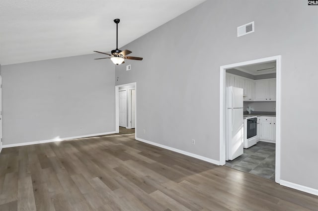 unfurnished living room featuring ceiling fan, high vaulted ceiling, and dark hardwood / wood-style floors