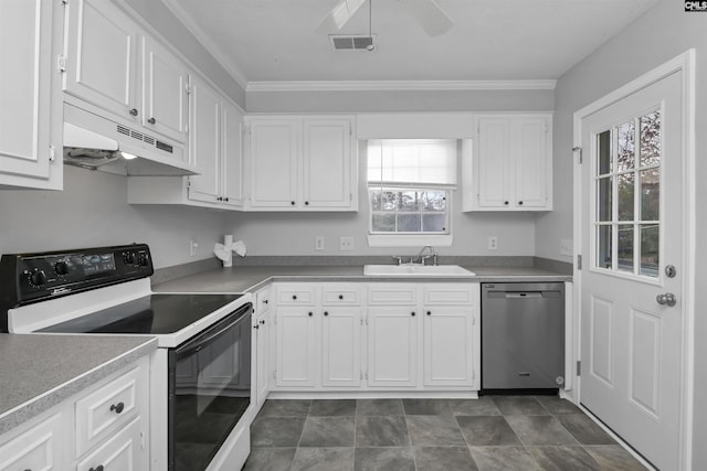 kitchen featuring electric range oven, stainless steel dishwasher, white cabinetry, and sink