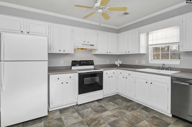 kitchen featuring white appliances, white cabinets, crown molding, sink, and ceiling fan