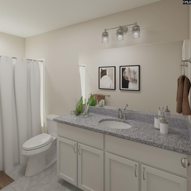 full bath featuring toilet, tile patterned flooring, and vanity