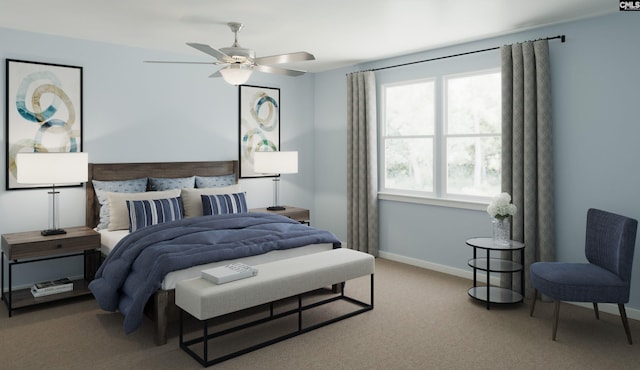 carpeted bedroom with ceiling fan and baseboards