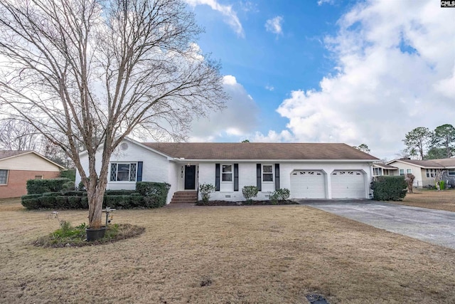 single story home featuring a front lawn and a garage