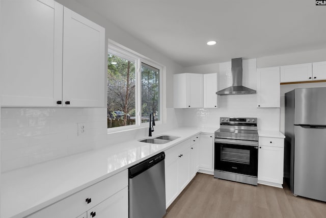 kitchen featuring decorative backsplash, appliances with stainless steel finishes, wall chimney exhaust hood, sink, and white cabinets