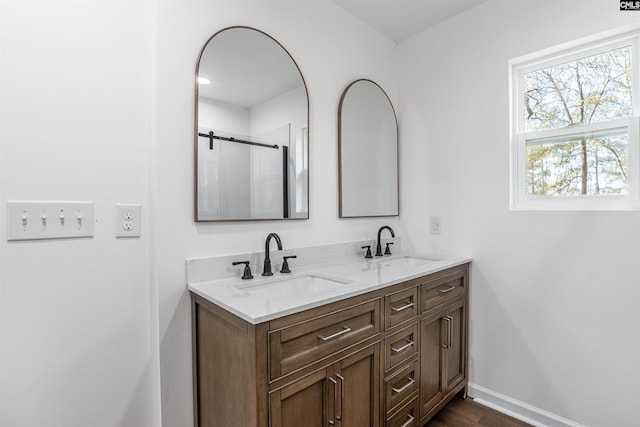 bathroom with vanity and walk in shower