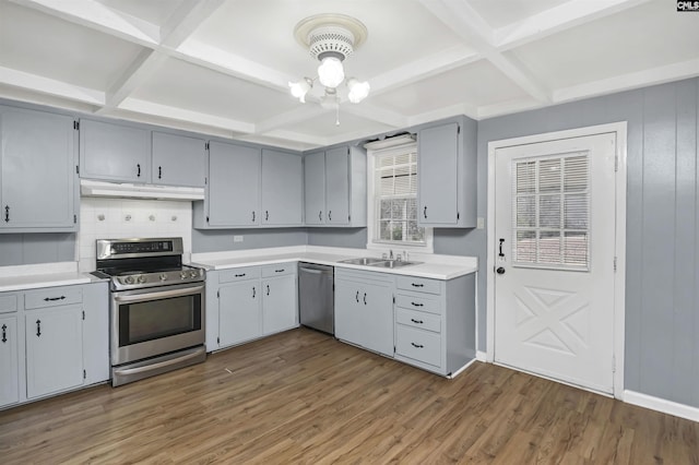 kitchen with gray cabinetry, dark wood-type flooring, stainless steel appliances, and sink