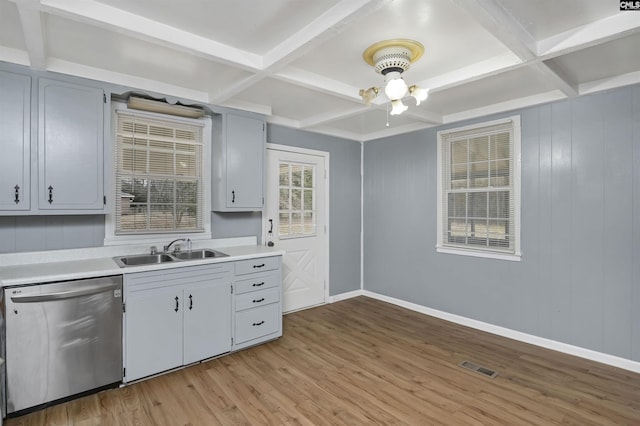 kitchen featuring beam ceiling, dishwasher, light hardwood / wood-style flooring, and sink