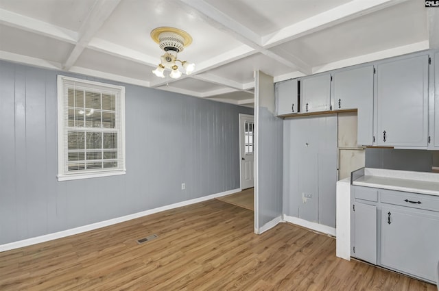 kitchen featuring gray cabinets, beamed ceiling, coffered ceiling, and light wood-type flooring