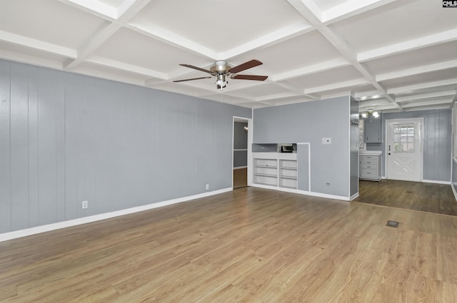 unfurnished living room with ceiling fan, beamed ceiling, wood-type flooring, and coffered ceiling