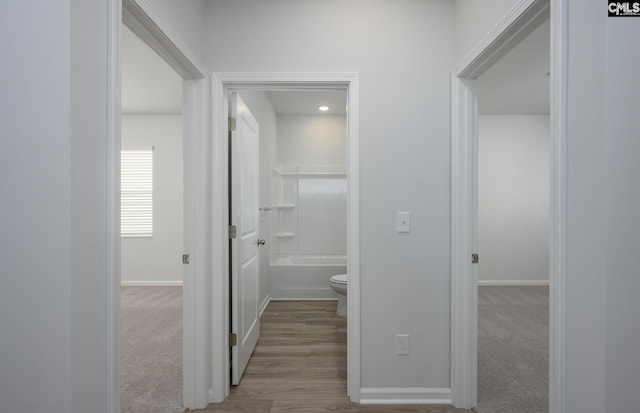 hallway featuring light colored carpet