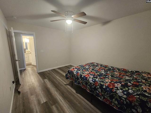 bedroom featuring ceiling fan and dark hardwood / wood-style flooring