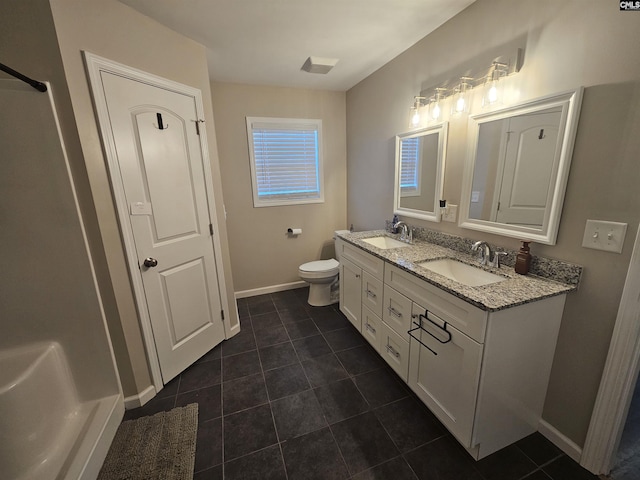 bathroom with tile patterned flooring, vanity, and toilet