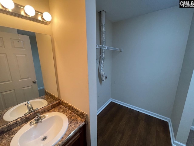 bathroom featuring vanity and hardwood / wood-style flooring