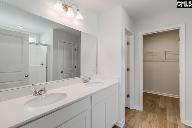 bathroom featuring vanity, hardwood / wood-style flooring, and an enclosed shower