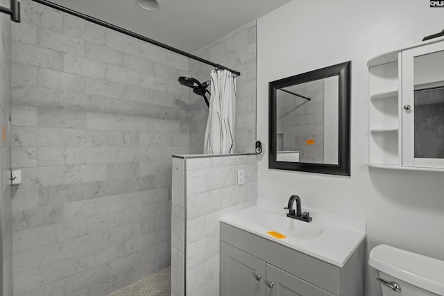 bathroom featuring toilet, vanity, and a shower with shower curtain